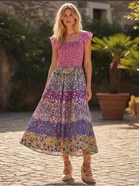 Caroline Constas Smocked Bohemian Patchwork Midi Dress XS